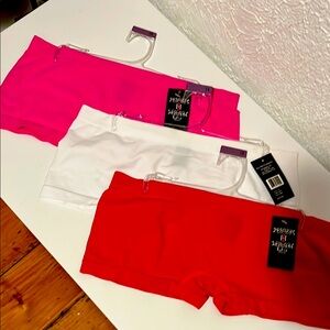 Set of Pink, White, and Red boy shorts underwear. 3 pack